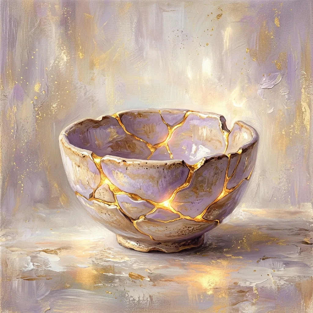 Kintsugi ceramic bowl repaired with gold seams representing strengths and resilience